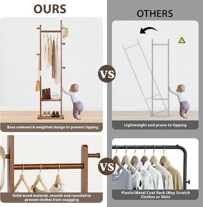 Taitiy Solid Wood Coat Rack, Freestanding Clothing Rack with 2 Shelves Storage & 5 Hooks, Heavy Duty Clothes Rack Stand for Hall, Bedroom, Living Room