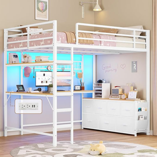 DICTAC Loft Bed Full Size with U-Shaped Desk,7 Storage Drawers and Charging Station,Metal Full Loft Bed with Led Lights and 2-tier Storage Shelves,loft full bed with Safety Guardrail and Ladders,White