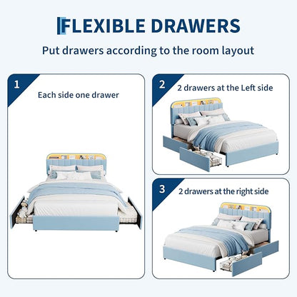 Garvee Full Size Bed Frame with 2 Flexible Drawers, Upholstered Platform Bed Frame with Bookcase Headboard and LED Lights, Kids Bed for Boys, Easy Assembly, Noise Free, Blue