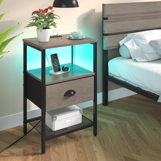 sthmec Nightstands Set of 2, LED Night Stands with Charging Station and Fabric Drawer, Bedside Tables with Drawers, 2- Tier LED Side Table End Table Charging Station Bedroom, Grey