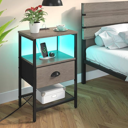sthmec Nightstands Set of 2, LED Night Stands with Charging Station and Fabric Drawer, Bedside Tables with Drawers, 2- Tier LED Side Table End Table Charging Station Bedroom, Grey