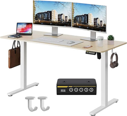 Large Electric Standing Desk,55x24 Inches Adjustable Height Stand up Desk, Sit Stand Home Office Desk, 3 Preset Heights,Equipped with Hooks,Ergonomic Computer Desk Workstation，Nature