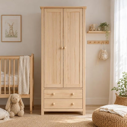 From the Tree Furniture Wardrobe – 2-Door Armoire with 2 Drawers, Unfinished Pine, 29.52″ W × 20.86″ D × 70.86″ H – Bedroom Closet with Hanging Rail & Metal Runners