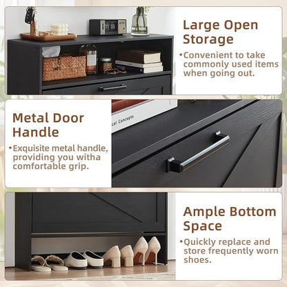 RWYHG Shoe Cabinet Storage for Entryway with 2 Flip Drawers Open Storage Layer Rack Narrow Organizer Slim Hidden Wood Shoe Cabinet Furniture Black