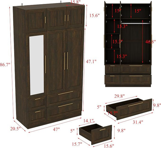 Wardrobe Closet with Mirror, 3 Door Wardrobe with 4 Drawers, Shelves, Hanging Rod, Modern Bedroom Armoire with Gold Handles, Brown Clothes Cabinet, 20.5”D x 47”W x 86.7”H