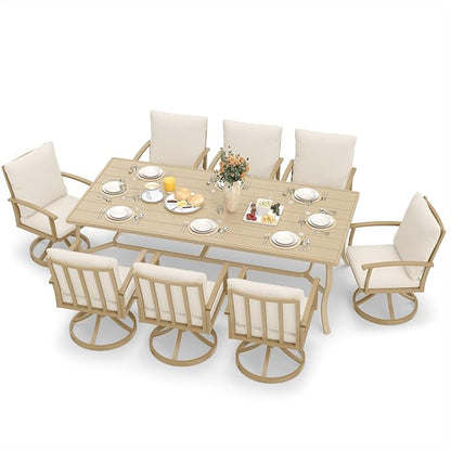 HAPPATIO Aluminum 9 Piece Patio Dining Set, Outdoor Swivel Dining Chairs and Dining Table, Aluminum Outdoor Dining Set for 8, Patio Dining Furniture with Washable Cushions (Beige)