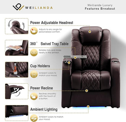 Weilianda Home Theater Seating Top Grain Leather Zero Gravity Recliner Chair Power Headrest Recline Movie Seat Gaming 7 Colors Mood Light Sofa with Tray Table USB Charge Row of 2 Loveseat Brown