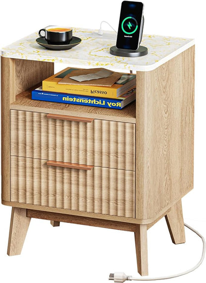 Fixwal Fluted Nightstand with Charging Station, Large Side Table with 2 Wood Drawers for Bedroom, Mid Century Modern Bedside Table, Faux Marble Top, Natural Oak, 17.7 x 13.7 x 23.6in