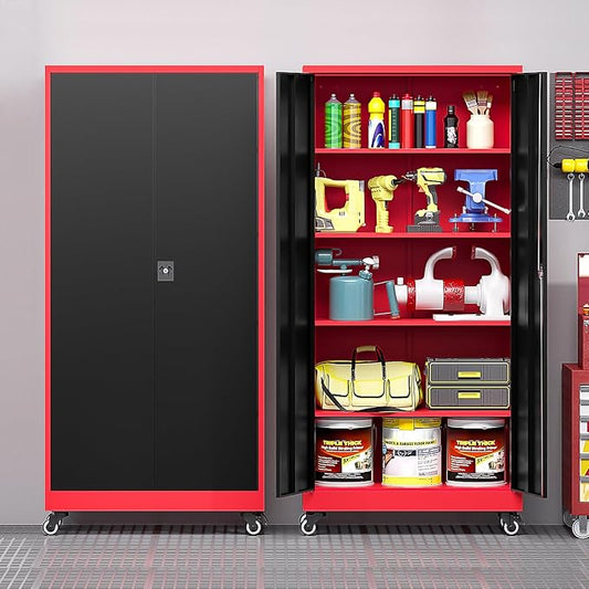 Metal Storage Cabinet with Wheels, Tall Garage Storage Cabinet with 4 Adjustable Shelves and 2 Doors, Lockable Tool Cabinet for Garage Home Office,Gym,School(Black-Red)