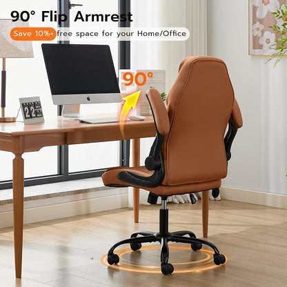 Ylzyxal Office Desk Chair, Ergonomic Computer Chair with Padded Flip-Up Arms and Adjustable Lumbar Support, PU Leather Executive Chair with Tilt Lock and 360° Swivel Rolling Wheels for Work, Study