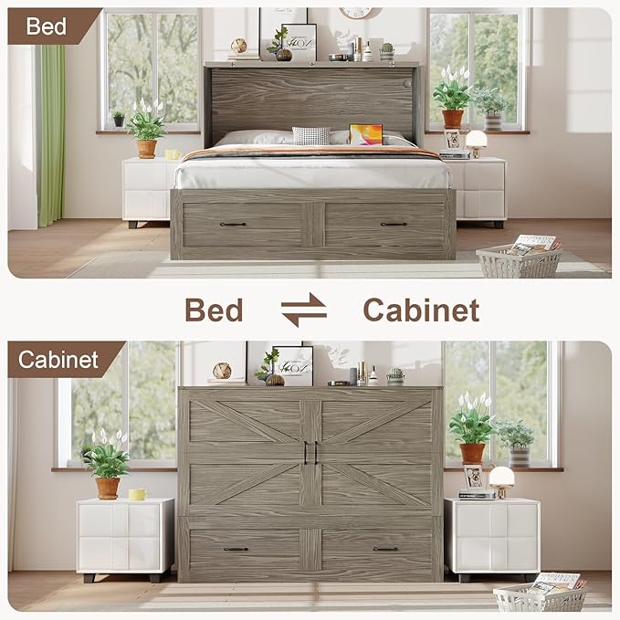 KCGKCG Full Size Murphy Bed with Storage & Charging Station, Murphy Cabinet Bed with Large Drawer for Guest Bedroom, Living Room, Office or Small Room, Full Foldable Platform Bed (Grey, Full)