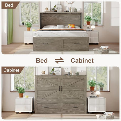 KCGKCG Full Size Murphy Bed with Storage & Charging Station, Murphy Cabinet Bed with Large Drawer for Guest Bedroom, Living Room, Office or Small Room, Full Foldable Platform Bed (Grey, Full)