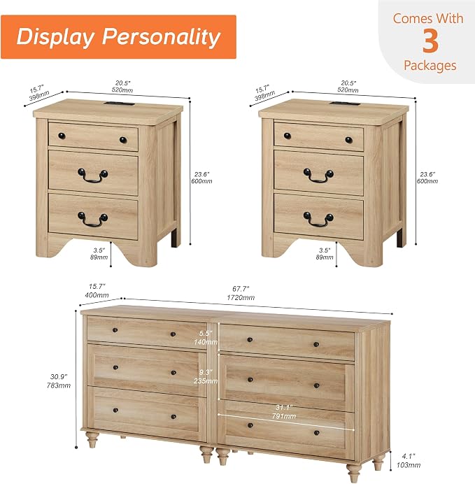 WAMPAT 4 Piece Bedroom Set - Includes Farmhouse 3 Drawer Storage Cabinet, Set of 2 Bedside Tables with Charging Station, Dresser and Nightstand Sets, Oak