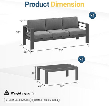 Wisteria Lane Metal Patio Furniture Set for All Weather, Oversized Heavy Duty Outdoor Furniture Set with Upgraded Cushion, Modern Outdoor Patio Couch Set for Garden, Balcony, Backyard, Dark Grey