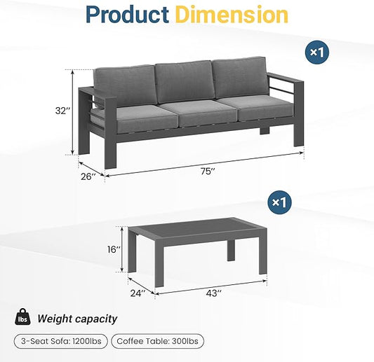 Wisteria Lane Metal Patio Furniture Set for All Weather, Oversized Heavy Duty Outdoor Furniture Set with Upgraded Cushion, Modern Outdoor Patio Couch Set for Garden, Balcony, Backyard, Dark Grey