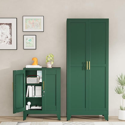 Green Metal Storage Cabinet, 36" Tall Locking Storage Cabinet, 12”D | with 2 Adjustable Shelves, Steel Locker Organizer, Metal Freestanding Buffet Cupboards Sideboard for Office, Home, School,2PS