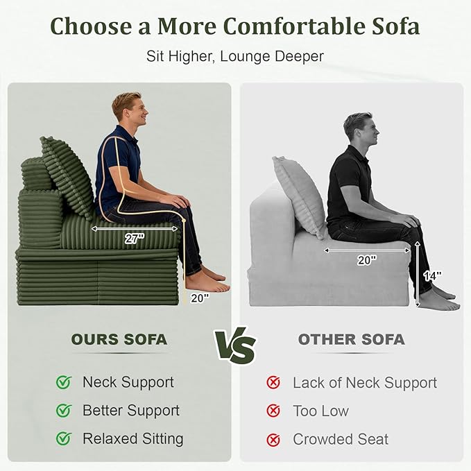 Upgrade Boneless Couch with Storage, Extra Deep&High Seat Modular Sectional Sofa 3 Seater L Shaped Cloud Couch with Ottoman, Tool-Free Assembly Sectional Couches for Living Room, Green