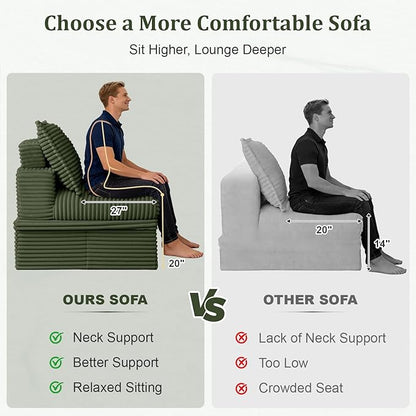 Upgrade Boneless Couch with Storage, Extra Deep&High Seat Modular Sectional Sofa 3 Seater L Shaped Cloud Couch with Ottoman, Tool-Free Assembly Sectional Couches for Living Room, Green
