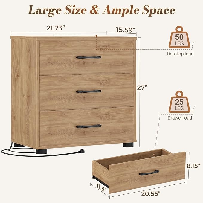 Aheaplus Night Stand Set of 2 with Charger Station, 21.7'' Wider Nightstands with 3 Wooden Drawers, Large Tall Bedside Table, Modern End Side Table Set, Nightstand for Bedroom, Natural Oak