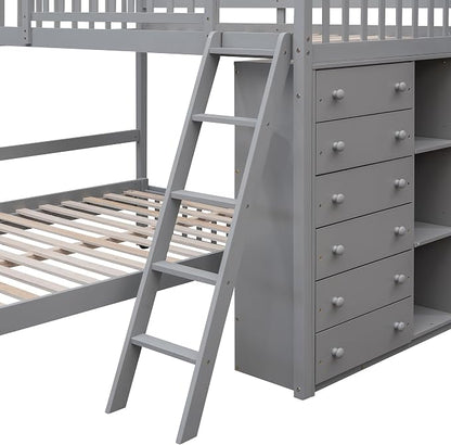 Ball & Cast Wooden Twin Over Full Bunk Bed with 6 Drawers & Flexible Shelves,Bottom Bedframe W/Wheel,Easy Assembly,Space Saving,Versatile Storage Furniture Set for Boy Girl Teen Compact Bedroom,Gray