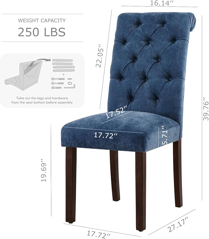 COLAMY Button Tufted Dining Chairs Set of 2, Parsons Upholstered Fabric Dining Room Chairs Kitchen Chairs with Wood Legs and Padded Seat, Blue