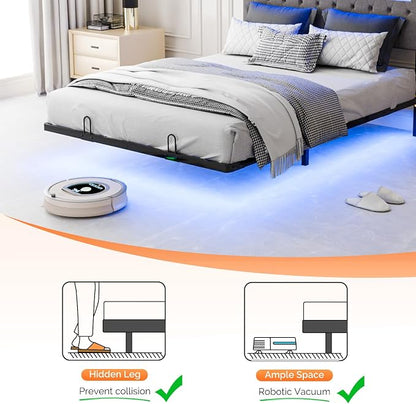 VINGLI Full Size Floating Bed Frame with LED Lights, Adjustable Velvet Upholstered Bed with Charging Station, Modern Metal Full Bed, Easy Assembly, No Box Spring Needed, Grey