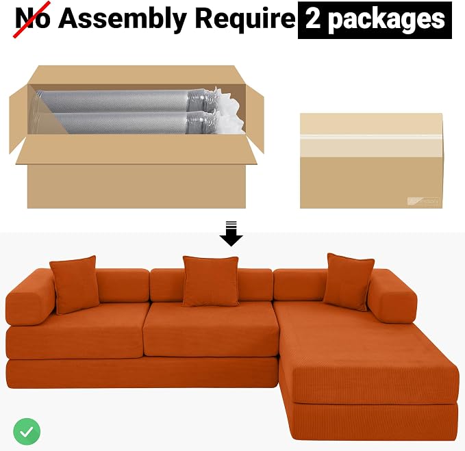 ivoros 108" Oversized Convertible Sleeper Sofa Bed, Corduroy L Shape Sectional Couch, Folding Sofa Bed with Fixed-Shape Frame, Modern Cloud Floor Mattress Couch, Modular Sofa for Living Room, Orange
