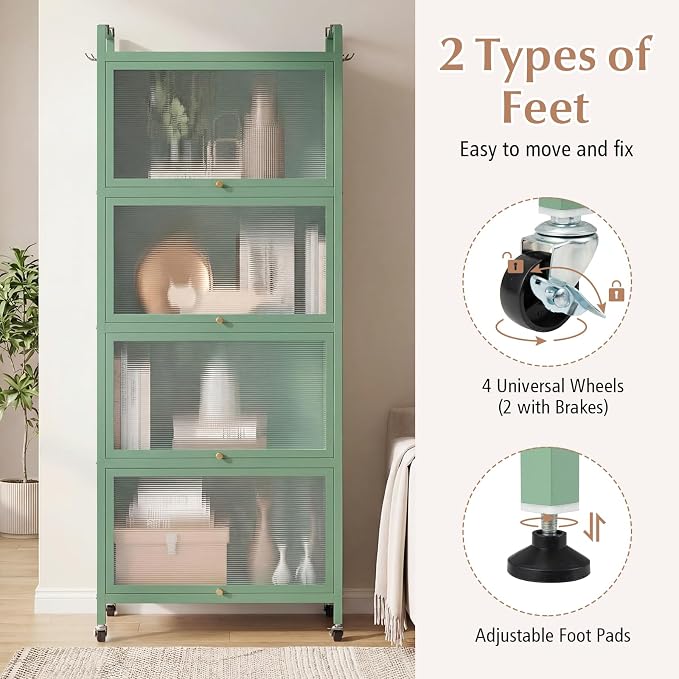 Giantex 5-Tier Kitchen Storage Cabinet, Freestanding Metal Pantry Cabinet w/ 4 Flip-up PC Doors, 4 Hooks & Adjustable Feet, 60” Tall Bakers Rack Microwave Stand for Dining Room, Living Room, Green