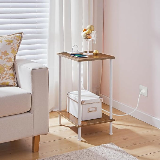 HOOBRO Side Table with Charging Station, End Table with USB Port and Outlets, Nightstand with 2-Layer Storage Shelves for Small Spaces, Living Room, Bedroom, Walnut and White WH09UBZ01