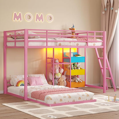 Hasuit Bunk Bed Twin Over Twin Size with Large Toy Storage Organizer and 3 Bins, Twin Bunk Beds with LED Lights, Metal L-Shaped Loft Bed with 13.4" H Safety Guardrail & Ladder, for Kids & Teens, Pink