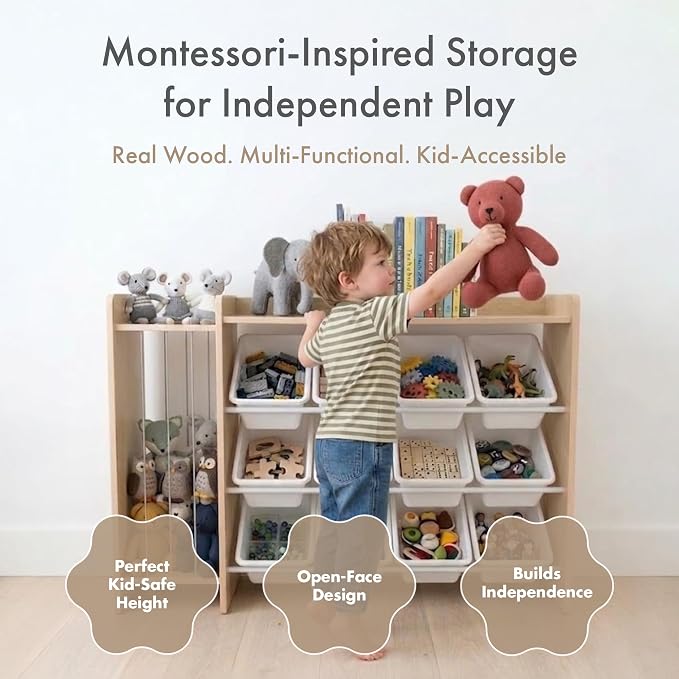Humble Crew Toy Storage Organizer with Stuffed Animal Storage, 12 Removable Storage Bins for Kids Playroom, Toy Organization and Storage, Solid Wood, Natural/White