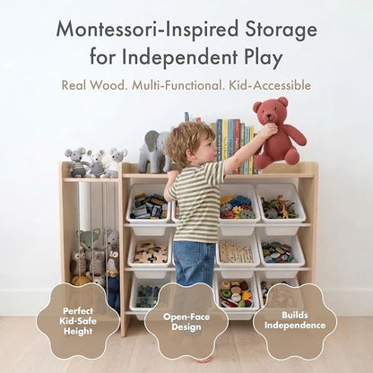 Humble Crew Toy Storage Organizer with Stuffed Animal Storage, 12 Removable Storage Bins for Kids Playroom, Toy Organization and Storage, Solid Wood, Natural/White