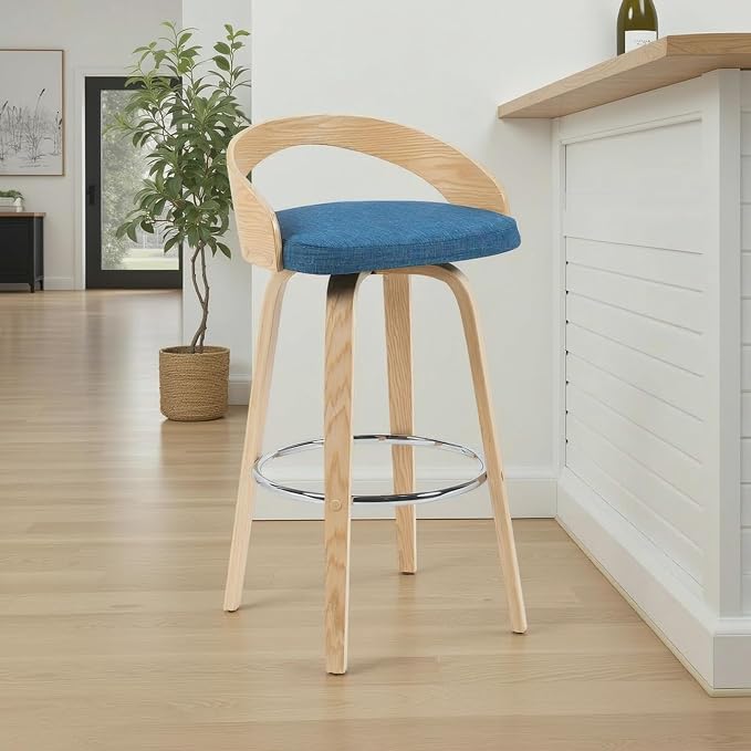 Sonia Modern Swivel Bar Height Stool with Blue Upholstered Seat and Patterned Oak Wood Finish Set of 2