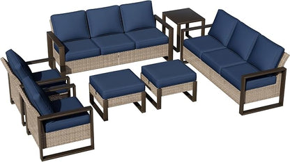 Joyside Outdoor Patio Chairs, 7 Pieces Wicker Rattan Furniture Set, 2 Patio Chairs, 2 Sofa, 2 Ottoman and 1 Table, Metal Wide Armrest, Thick Cushions and Deep Seating for Garden, Backyard, Porch