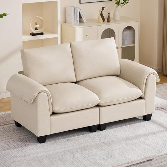 70.5" Faux Leather Modular Sectional Loveseat Sofa, Oversized 2 Seater Upholstered Couch with Curved Armrests, Cloud Modern Deep Seat Love Seat Sofa for Living Room, Beige