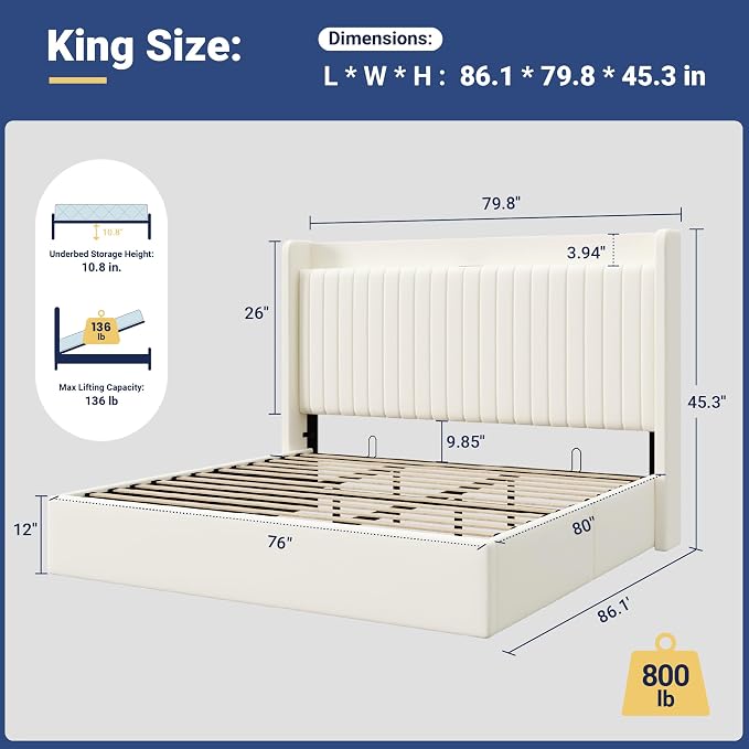 Allewie King Size Lift Up Storage Bed Frame,Storage Shelf Headboard with Charging Station,Type-C and USB Ports,Hydraulic Support,Velvet Upholstered Bed Frame,No Box Spring Needed,Cream