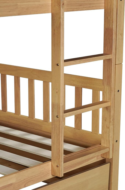 Harper & Bright Designs Convertible Wood Full-Over-Full Bunk Bed with Trundle and Ladder - Can Be Divided Into Two Platform Beds, White Oak