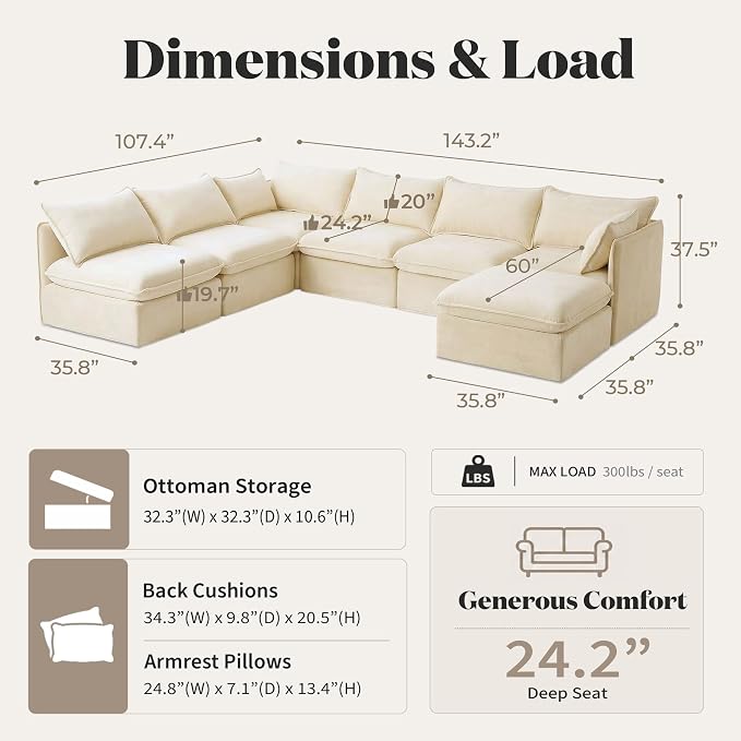 Cloud Modular Hosting Sectional, Oversized Deep Seat Comfort, Luxe Chenille | Fully Removable Washable Covers, Memory Foam Seat Cushions, Storage Ottoman, Premium Fabric