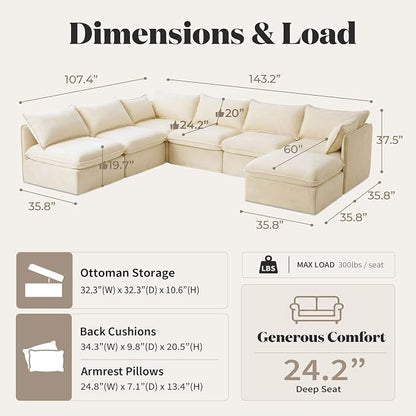 Cloud Modular Hosting Sectional, Oversized Deep Seat Comfort, Luxe Chenille | Fully Removable Washable Covers, Memory Foam Seat Cushions, Storage Ottoman, Premium Fabric
