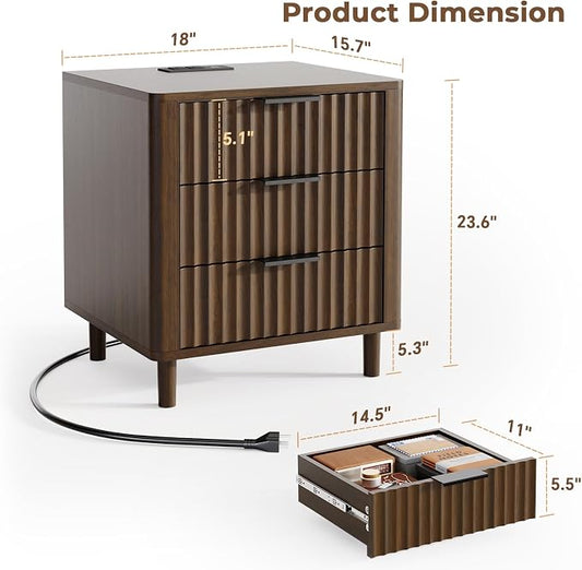 Fluted Nightstand with Charging Station, Multifunctional 3 Drawers Storage Bedside Table, Solid Wood Modern Nightstand, Curved Profile Design, End Table for Indoor Room Bedroom Office, Walnut
