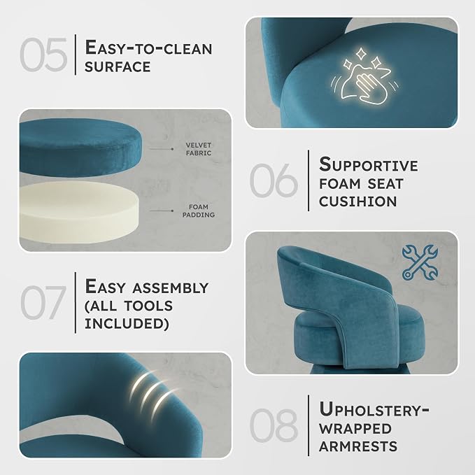 Lexicon 360 Degree Swivel Accent Chair, Modern Comfy Velvet Round Barrel Chair, Open Back, Plush Foam Cushions, Metal Swivel Base for Living Room/Bedroom/Office/Small Spaces, Dark Teal