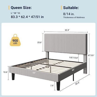 Allewie Queen Size Upholstered Bed Frame with Vertical Channel Tufted Headboard, Soft Corduroy Fabric Platform Bed, Strong Wooden Slats Support, Easy Assembly, No Box Spring Needed, Light Grey