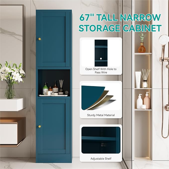 67" Tall Narrow Storage Cabinet with Doors and Open Shelf,Metal Pantry Cabinet,Shaker Style Slim Cabinet with Adjustable Shelves,for Bathroom Kitchen Laundry Small Spaces,Blue, 1Pc