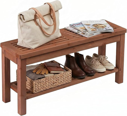 VINGLI Rustic Storage Bench, Solid Wood Seat with Storage Shelf, Indoor Outdoor Shoe Rack, 450lbs Capacity Small Outdoor Bench for Mudroom Entryway Patio Porch (Brown, 40in)