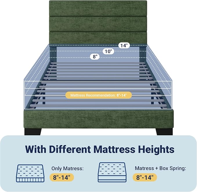 Allewie Twin Size Platform Bed Frame with Fabric Upholstered Headboard and Wooden Slats Support, Fully Upholstered Mattress Foundation/No Box Spring Needed/Easy Assembly, Green