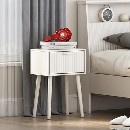 LAATOOREE Nightstands Set of 2, Small Side Table, Bedside Table with Fluted Door, Solid Wood Feet; Modern Mid-Century End Table for Bedroom, Small Space (White)