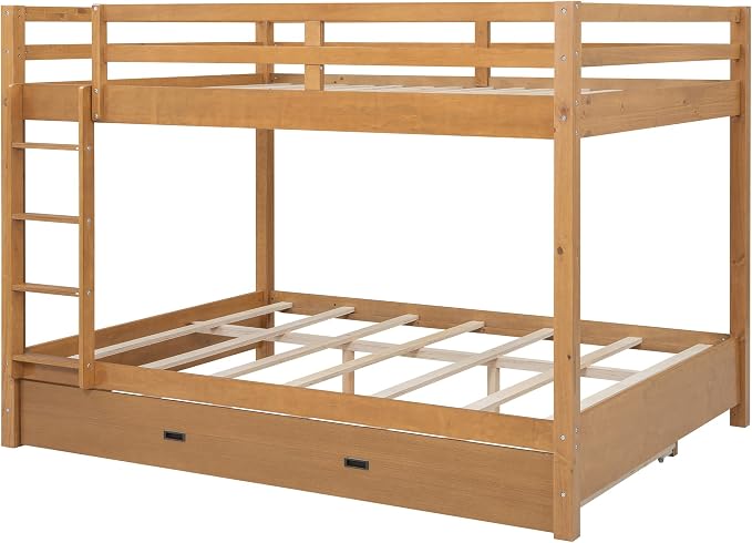 Merax Wood Queen Bunk Bed with Twin XL Trundle & Ladder - Space-Saving Design, Sturdy Frame & Guard Rails,Wood Color