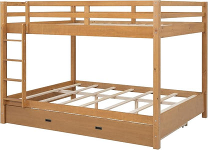 Merax Wood Queen Bunk Bed with Twin XL Trundle & Ladder - Space-Saving Design, Sturdy Frame & Guard Rails,Wood Color