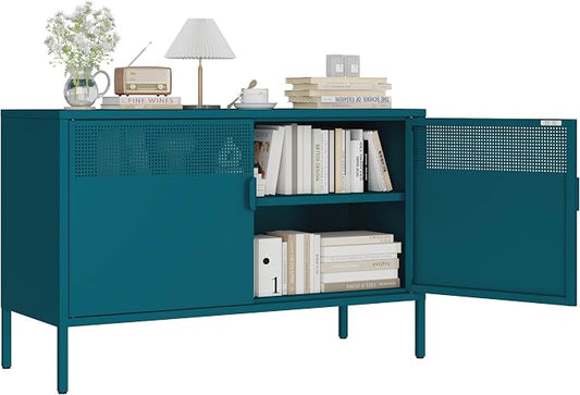 Blue 25" H Metal Storage Cabinet with Adjustable Shelf, 2 Door Accent Cabinet, 2-Tier Low Cabinet with Vent Hole, TV Stand for Entryway, Home Office, Music Studio