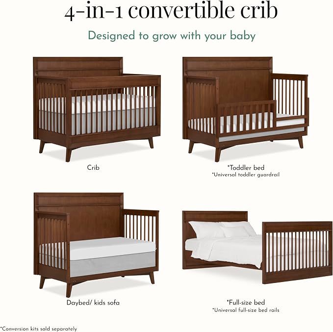 Evolur Loft Antilia Mid-Century 4-in-1 Crib in Walnut, Greenguard Gold & JPMA Certified, Baby Crib Converts to Toddler Bed, Daybed & Full Bed